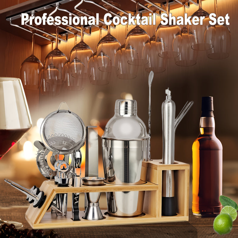 1 Juego De 21 Piezas, Coctelera Con Soporte De Bambú Y Bolsa De Terciopelo, Ideal Para El Hogar, Bar, Mezcla De Bebidas, Kit De Herramientas Profesionales Para Bares En Fiestas