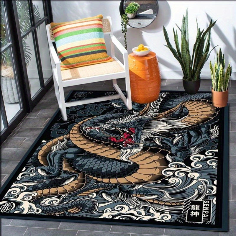Tapete de suelo antideslizante con diseño de dragón, adecuado para puertas y decoración de sala de estar, disponible en tres tamaños.
