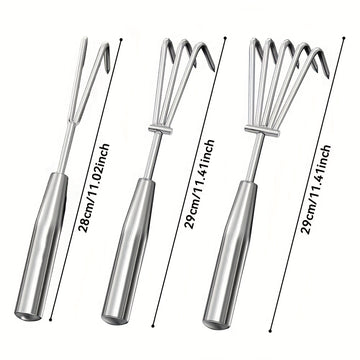 Juego de 3 piezas de pinzas de acero inoxidable reforzado con dientes semiesféricos y mango antideslizante. Incluye rastrillo de playa, herramienta de cuchara para jardinería y suelo duro. Kit de herramientas multiusos duraderas y resistentes a la herrum