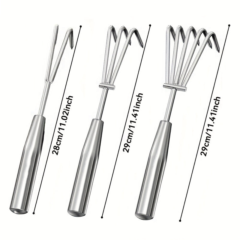 Juego de 3 piezas de pinzas de acero inoxidable reforzado con dientes semiesféricos y mango antideslizante. Incluye rastrillo de playa, herramienta de cuchara para jardinería y suelo duro. Kit de herramientas multiusos duraderas y resistentes a la herrum