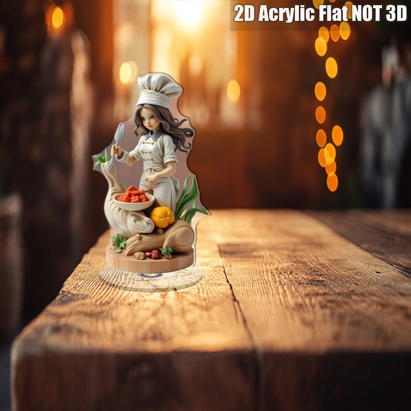 Decoración de chef femenina en cristal plano 2D - Adorno giratorio para mesa con tenedor y cuenco de ingredientes, ideal para decoración de cocina o regalo temático de cocinero | Diseño optimista y detallado, 2D plano