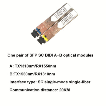 Par de Módulos SFP BIDI 1.25G - Conectores LC/SC Monomodo 20km/40km, Puertos A+B, 3.3V, Compatibles con Switches Cisco, Routers y Equipos de Red, Transmisión de Datos, Acabado Metálico, Diseño Compacto, Alta Velocidad y Fiabilidad