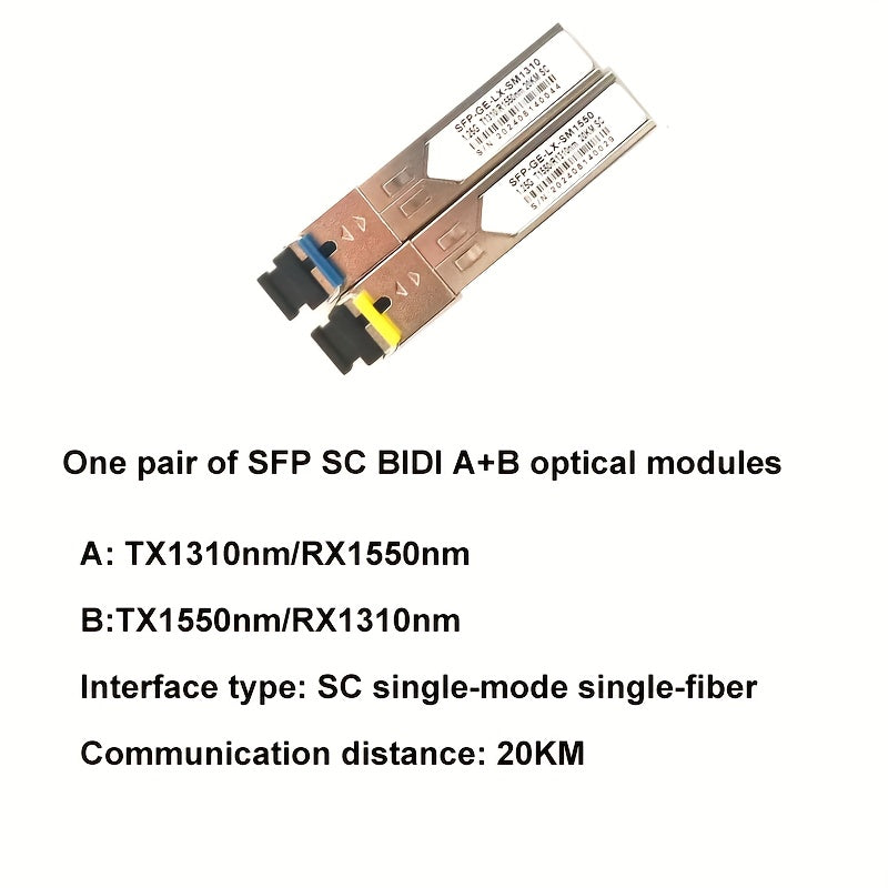 Par de Módulos SFP BIDI 1.25G - Conectores LC/SC Monomodo 20km/40km, Puertos A+B, 3.3V, Compatibles con Switches Cisco, Routers y Equipos de Red, Transmisión de Datos, Acabado Metálico, Diseño Compacto, Alta Velocidad y Fiabilidad