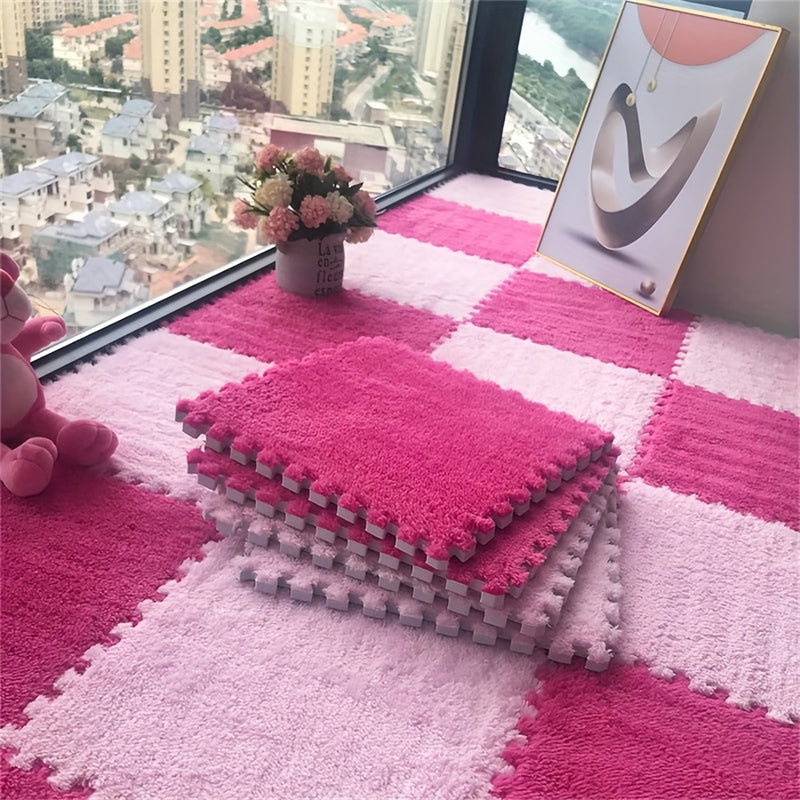 12 piezas de juego de baldosas de alfombra de felpa entrelazadas, alfombras cuadradas lavables de EVA y poliéster para dormitorio, sala de estar y lados del dormitorio, alfombra de área grande, 29,97x29,97 cm