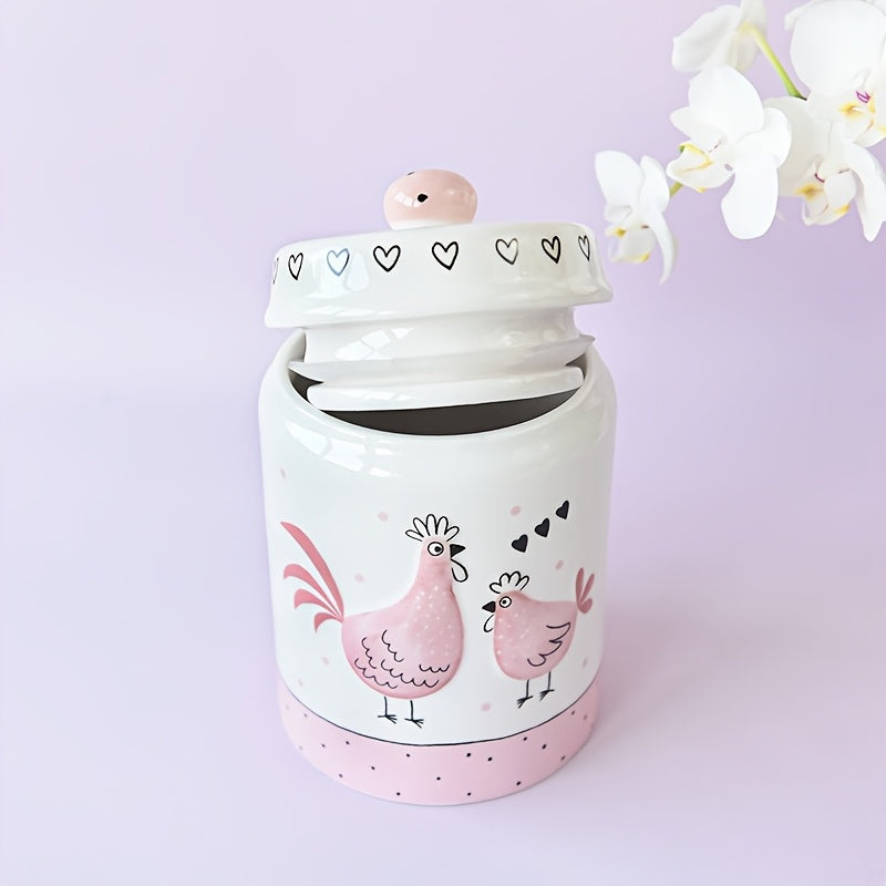 Tarro de Almacenamiento Elegante de Cerámica Rosa y Blanca con Diseño de Pollo en Relieve Bañado en Oro, Tapa con Perilla - Ideal para Galletas, Té y Objetos Pequeños | Solo Lavado a Mano