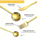 30 piezas de cubertería de acero inoxidable dorado - Cubertería elegante para fiestas, bodas, cumpleaños, cocina, hotel - Incluye cuchillos, tenedores, cucharas, cucharas de postre - Ideal para Navidad, Halloween, Pascua, Acción de Gracias, Graduación