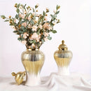 1 pieza de elegante jarrón de cerámica blanco y dorado con tapa - Patrón geométrico, jarra decorativa para almacenamiento de té, perfecta para el hogar, la oficina o el escritorio, regalo ideal para vacaciones, decoración de jarrones para el hogar.