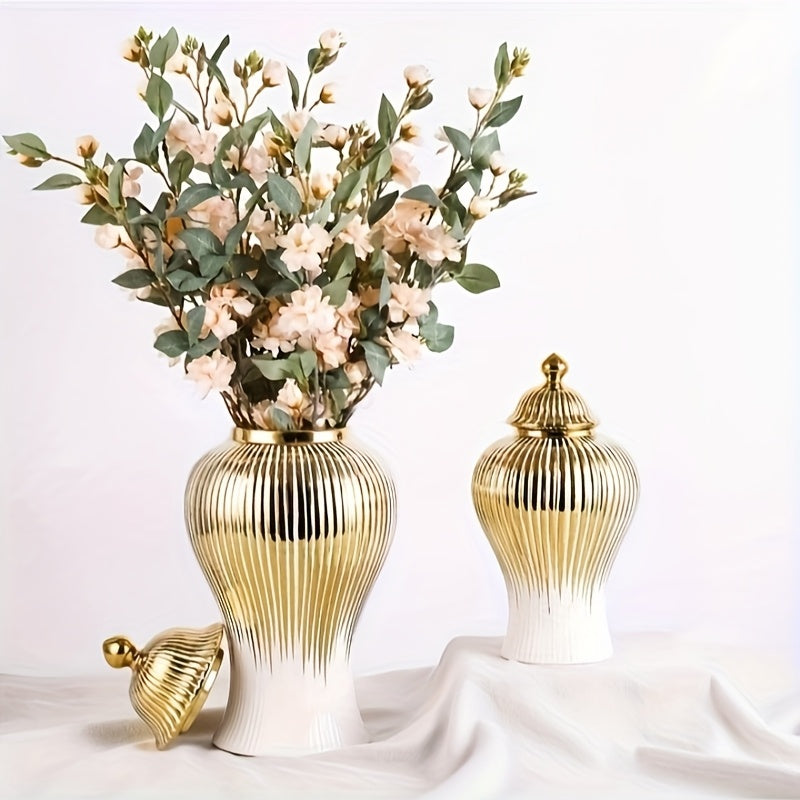 1 pieza de elegante jarrón de cerámica blanco y dorado con tapa - Patrón geométrico, jarra decorativa para almacenamiento de té, perfecta para el hogar, la oficina o el escritorio, regalo ideal para vacaciones, decoración de jarrones para el hogar.