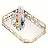 Bandeja organizadora de maquillaje dorada, 1 unidad, bandeja de metal lujosa para cosméticos y perfumes, decoración para baño, tocador o dormitorio