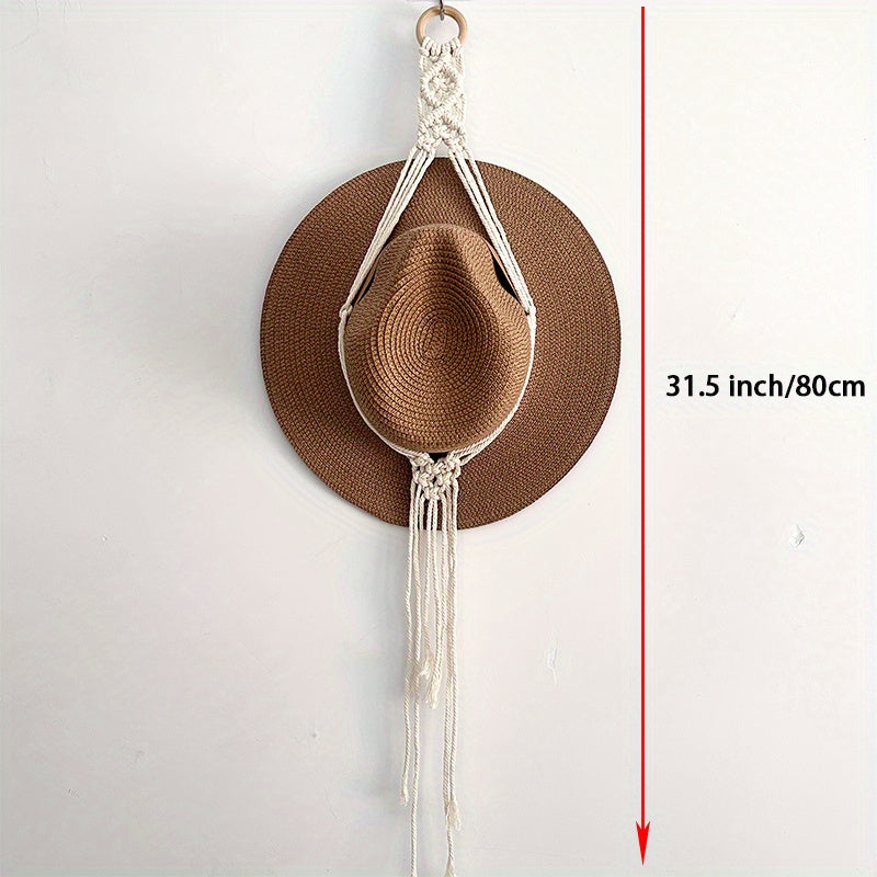 Conjunto de 1/3 perchas para sombreros macramé estilo bohemio para pared, organizador de estante para mujeres bohemia, expositor colgante de tejido manual decorativo para gorros de ala ancha