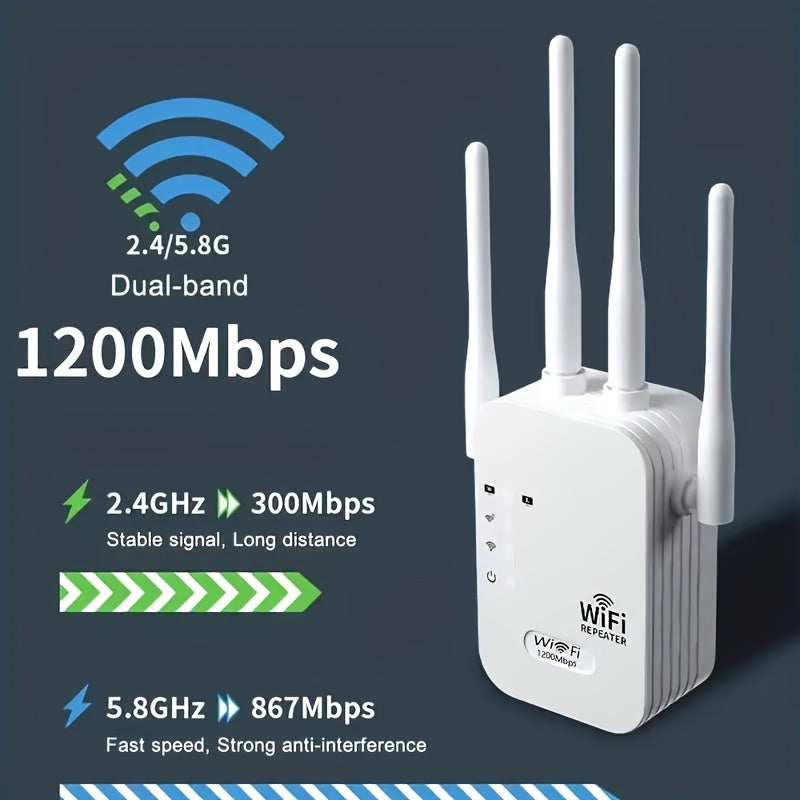 Estabilizador de señal de alta velocidad, amplificador de Wifi - Hasta 1200Mbps, dos puertos de red, cobertura amplia, fuerte capacidad de penetración de paredes, 4 antenas para mejorar la recepción de señal, ideal para apartamentos grandes y edificios d