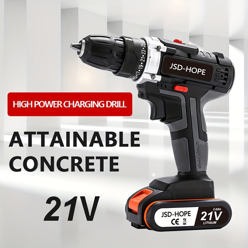 JSD-HOPE, taladro eléctrico inalámbrico, batería de litio recargable, serie 18650, 110V-130V, doble propósito para uso doméstico y profesional, diseño ergonómico con velocidad ajustable, construcción duradera, ideal para proyectos DIY y talleres profesio