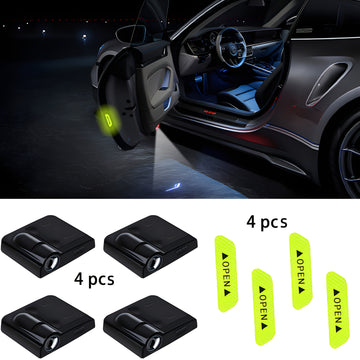 4pcs Luces de Proyección LED, Luz de Bienvenida Super Brillante Electromagnética, Fácil y Cómoda Instalación para Puertas de Coche + 4 Pegatinas Reflectantes, Fáciles de Instalar - Adecuado para la Mayoría de los Autos