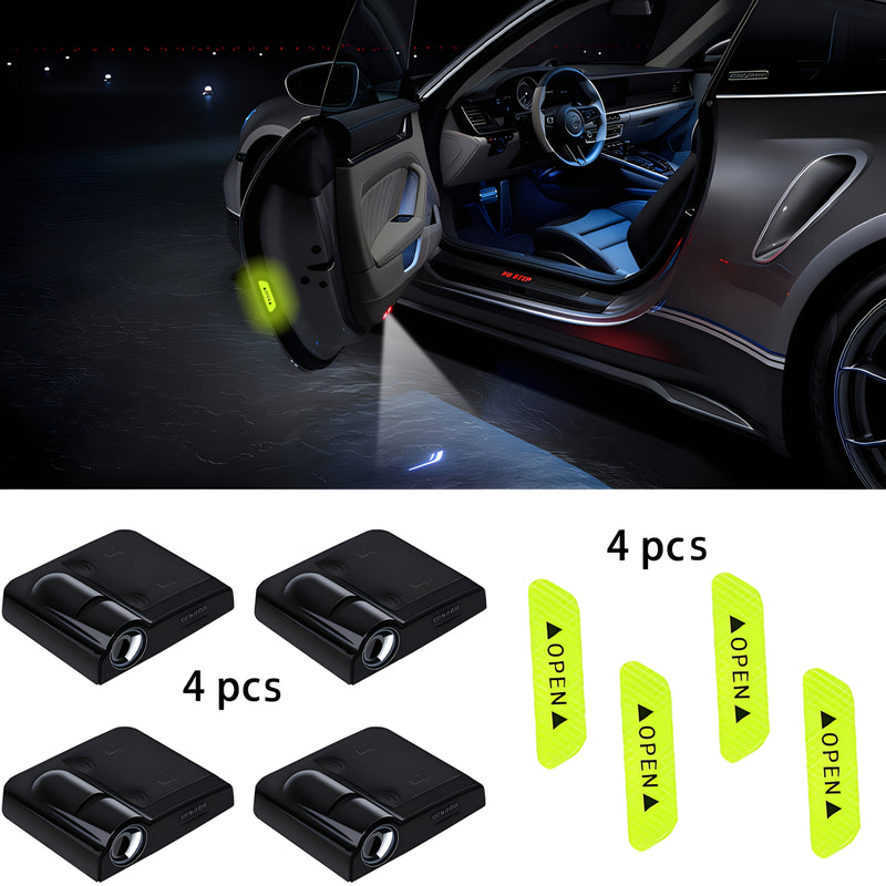 4pcs Luces de Proyección LED, Luz de Bienvenida Super Brillante Electromagnética, Fácil y Cómoda Instalación para Puertas de Coche + 4 Pegatinas Reflectantes, Fáciles de Instalar - Adecuado para la Mayoría de los Autos