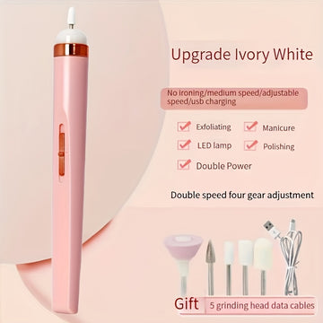 Broca Portátil para Uñas con 5 Accesorios, USB y Luz LED, Velocidad Ajustable para Herramientas de Manicura y Pedicura