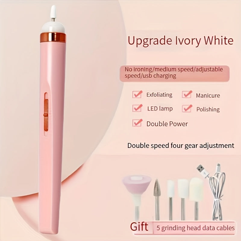 Broca Portátil para Uñas con 5 Accesorios, USB y Luz LED, Velocidad Ajustable para Herramientas de Manicura y Pedicura
