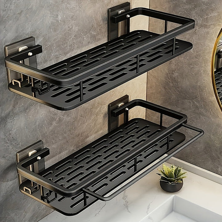 2 piezas de estantes de ducha autoadhesivos sin taladro - Soporte de almacenamiento de baño y cocina montado en la pared, aleación de aluminio duradera, acabado negro elegante, ganchos organizadores de ducha resistentes a la oxidación, adecuados para duc