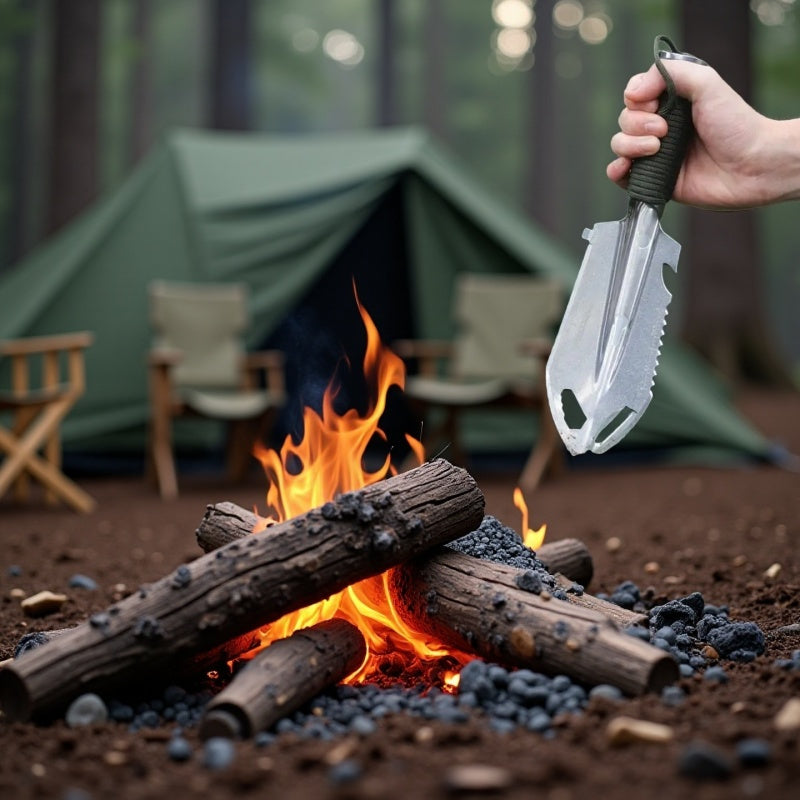 Palas Multiusos 8 en 1 de Metal Resistente con Hoja Forjada Precisamente - Herramienta para Camping, Jardinería y Limpieza de Autos, Equipo Portátil de Supervivencia al Aire Libre para Senderismo, Mochileros y Aventuras Exteriores