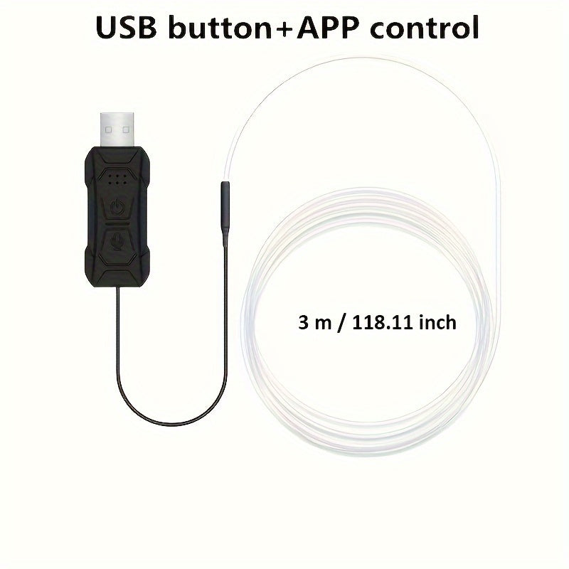Tira LED de Iluminación Ambiental para Coche de 3m/118 pulgadas con USB y 16 Millones de Colores RGB, Accesorios de Luz de Neón de Fibra Óptica