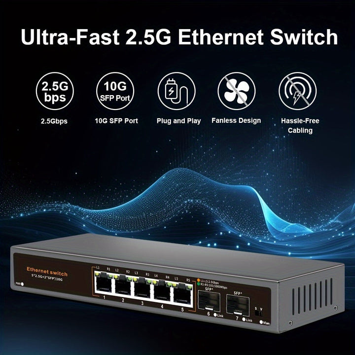 Conmutador Ethernet Davuaz Ultra-Rápido de 7 Puertos 2.5G - Conectar y Listo, Diseño Sin Ventilador, 5 Puertos RJ45 de 2.5G + 2 Puertos Ópticos SFP+ de 10G, Compatible con Velocidades de 100/1000/2500Mbps, Ideal para Punto Acceso Inalámbrico, NAS, PC y M