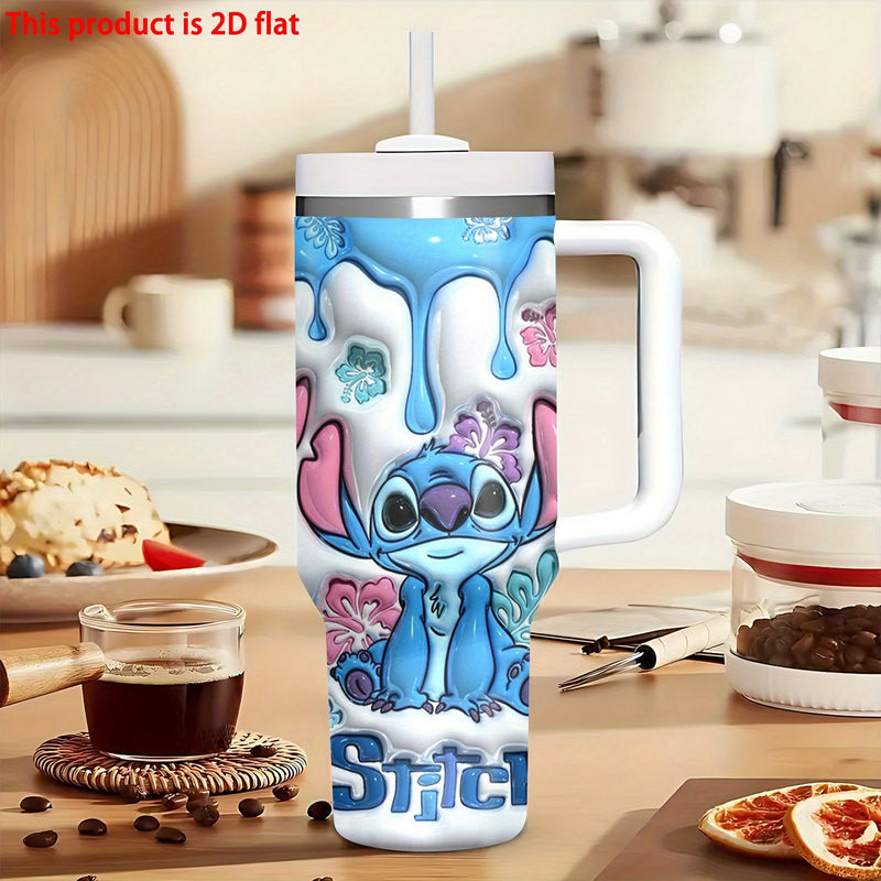 Botella de agua de acero inoxidable Stitch de 40 onzas con pajita y asa - Taza de viaje aislada, de alta calidad, reutilizable, solo lavable a mano, perfecta para fanáticos y regalos.