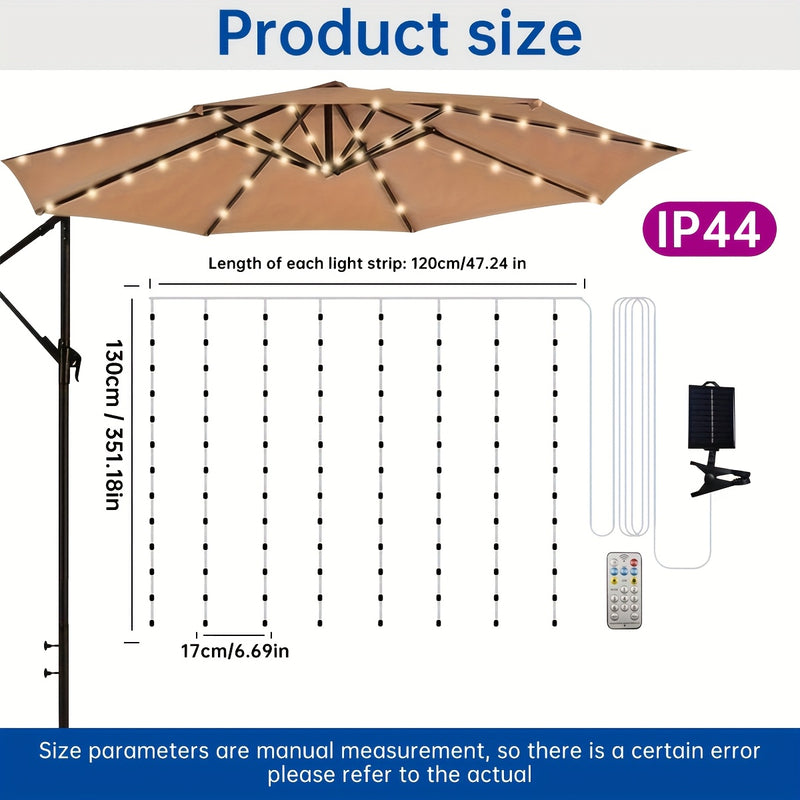 1pc Sombrilla Solar con Luz, Gran Sombrilla Rectangular para Exterior con Base y Soporte, Diseño Doble Cara con 104 Luces LED Solares, 8 Modos de Iluminación Control Remoto, Blanco Cálido para Jardín o Piscina, Beige, Incluye Batería