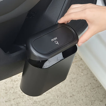 Bote de basura para auto, 1 unidad, material PP resistente, negro, con tapa a prueba de fugas, diseño fácil de colgar, organizador multifuncional para interiores de auto, solución de almacenamiento, accesorio moderno para auto, cierre seguro de tapa