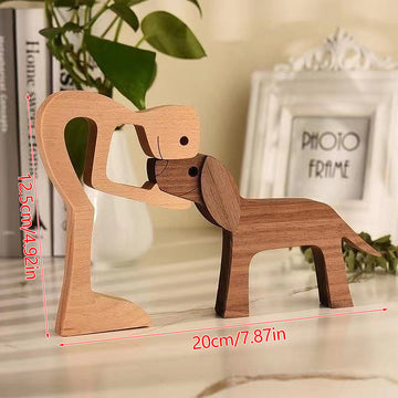Figura de Perro de Madera Hecha a Mano - Escultura Encantadora de Familia y Mascota para Decoración de Hogar u Oficina, Regalo Perfecto para San Valentín o Navidad