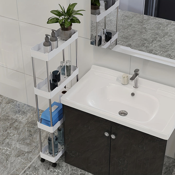 Carrito de almacenamiento rodante delgado de 3/4 niveles para baño – Estante móvil de plástico blanco con ruedas deslizantes, organizador multifuncional para espacios reducidos, ideal para organizar el baño, carrito móvil | Solución de almacenamiento mod