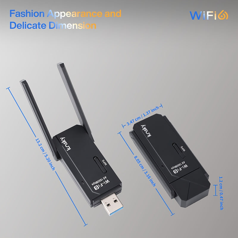 KS-WA1800 Adaptador inalámbrico USB con 1200Mbps 5GHz y 574Mbps 2.4GHz Dual-Band, 2x2dBi Antenas, WPS y USB 3.0, Plug & Play para PC/Laptop/Tablet - Batería, Diseño compacto, Adaptador inalámbrico para portátiles, Acceso a la red de tabletas, Acabado met