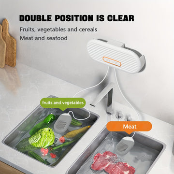 Lavadora de alimentos de doble compartimento USB, limpiadora de cocina portátil para carne y verduras, diseño de montaje en pared/escritorio, hoja giratoria de 360°, dispositivo de limpieza eficiente para uso doméstico, limpiadora de verduras.