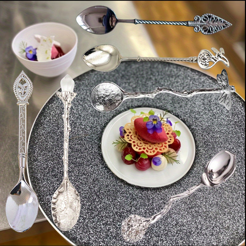 6pcs Juego De Cucharas De Metal Exquisitas, Estilo Europeo De Palacio Retro Cuchara De Café Ritual, Cuchara De Postre, Cuchara Pequeña, Cuchara De Mezcla De Joyería Con Relieve, Para Cocina Hogar Restaurante Cafetería Hotel, Accesorios De Vajilla, Regalo