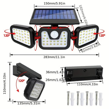 Lámpara de pared solar de 74 LED con tres brazos, iluminación ajustable de múltiples ángulos para patios al aire libre, iluminación activada por humanos y caminos - Impermeable IP65, batería de litio, instalación fácil, iluminación al aire libre | Lámpar