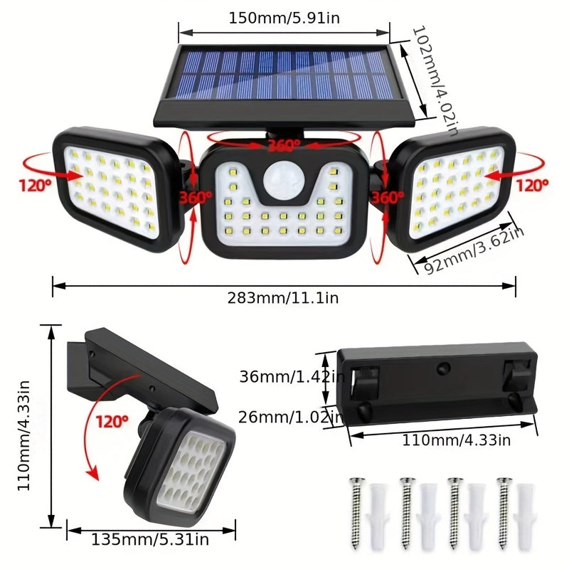 Lámpara de pared solar de 74 LED con tres brazos, iluminación ajustable de múltiples ángulos para patios al aire libre, iluminación activada por humanos y caminos - Impermeable IP65, batería de litio, instalación fácil, iluminación al aire libre | Lámpar