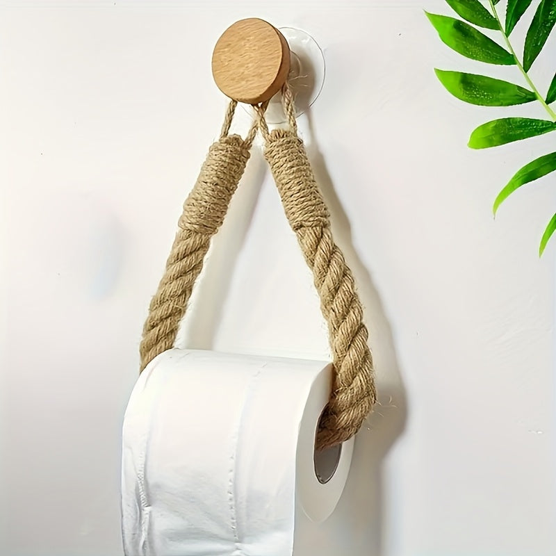 Soporte de Papel Higiénico Rústico de Cuerda de Cáñamo - Montaje en Pared Autoadhesivo con Perilla de Madera, Diseño Trenzado Natural para Decoración Elegante del Hogar, Organizadores y Almacenamiento de Baño