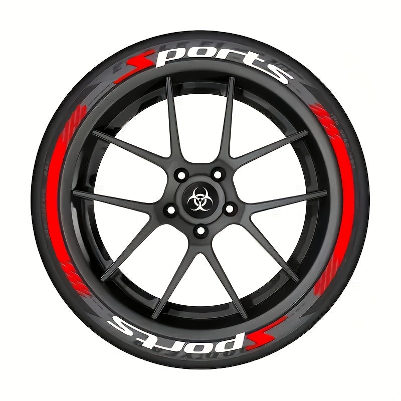 16 calcomanías para ruedas de autos deportivos - PVC resistente al agua, calcomanías de letras duraderas, decoración para llantas, adhesivos para autos, diseño en negro y rojo con texto "SPORTS", compatible con superficies de metal y plástico, accesorios