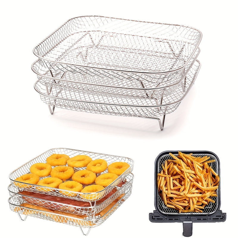 Juego de Accesorios para Freidora de Aire de Acero Inoxidable de 3 Niveles - Rejilla Cuadrada para Papas Fritas y Parrilla BBQ para Cocina y Comedor, Rejilla para Freidora de Aire