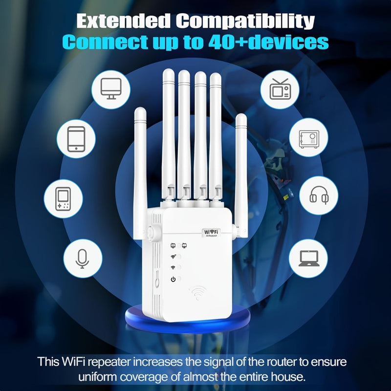 Amplificador de WiFi 300Mbps con Puerto Ethernet, 6 Antenas (Cobertura 360°), Amplifica hasta 11.000 Pies Cuadrados, Compatible con Router/Modem, Soporta más de 35 Dispositivos - Blanco, Diseño Compacto y Duradero para Hogar u Oficina, Repetidor sin vari