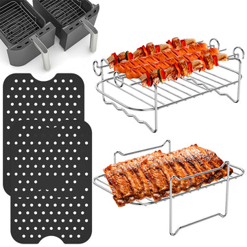 Juego de Accesorios para Freidora de Aire de 4 piezas con 2 Tapetes de Silicona para Freidora de Aire y 2 Rejillas de Acero Inoxidable para Freidora de Aire, Compatible con la Freidora de Aire de Doble Zona Ninja Food AF300UK AF400UK, para Accesorios de
