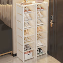 Organizador de zapatos blanco de varios niveles, diseño vertical ahorrador de espacio, compartimientos abiertos, fácil de armar, ideal para entrada, sala, habitación o cocina, estante blanco moderno, barras de soporte metálicas, práctico y funcional