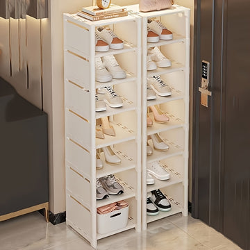 Organizador de zapatos blanco de varios niveles, diseño vertical ahorrador de espacio, compartimientos abiertos, fácil de armar, ideal para entrada, sala, habitación o cocina, estante blanco moderno, barras de soporte metálicas, práctico y funcional