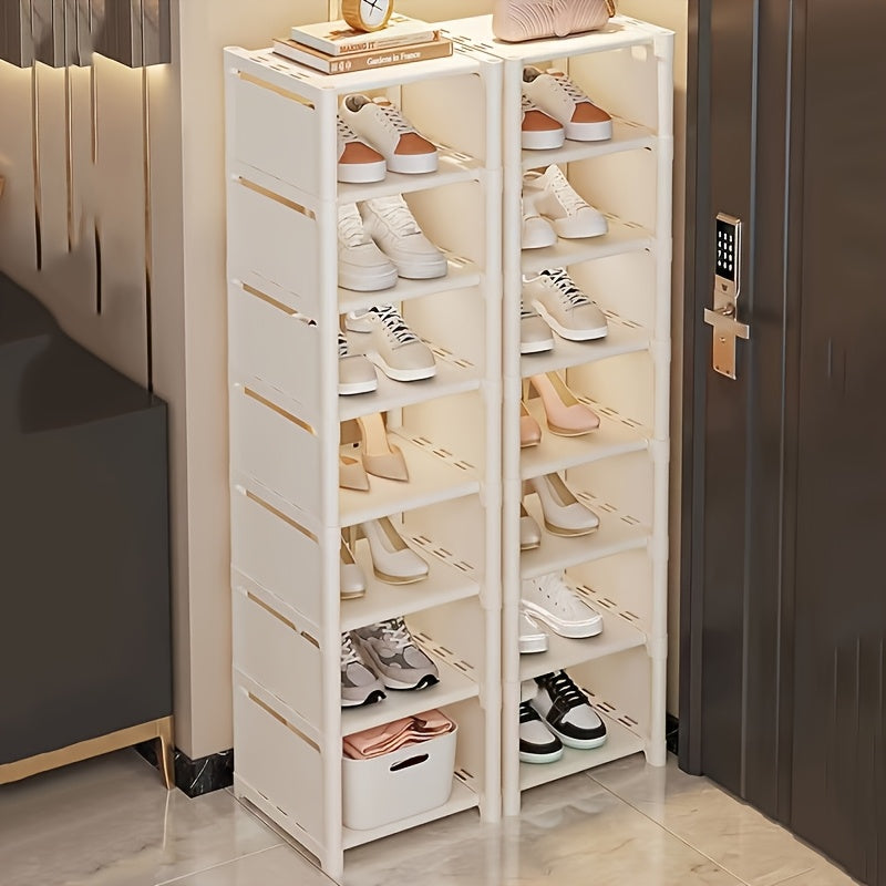Organizador de zapatos blanco de varios niveles, diseño vertical ahorrador de espacio, compartimientos abiertos, fácil de armar, ideal para entrada, sala, habitación o cocina, estante blanco moderno, barras de soporte metálicas, práctico y funcional