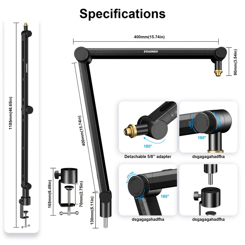 Ajustable Microfono Scissor Arm con Canal de Cable - Boom de Suspensión Compacto para Blue Yeti, Snowball iCE, HyperX QuadCast, SoloCast, Elgato Wave - Aleación Duradera, Conexión XLR, Equipo de Grabación de Estudio | Acabado Negro Liso | Ajustable Boom