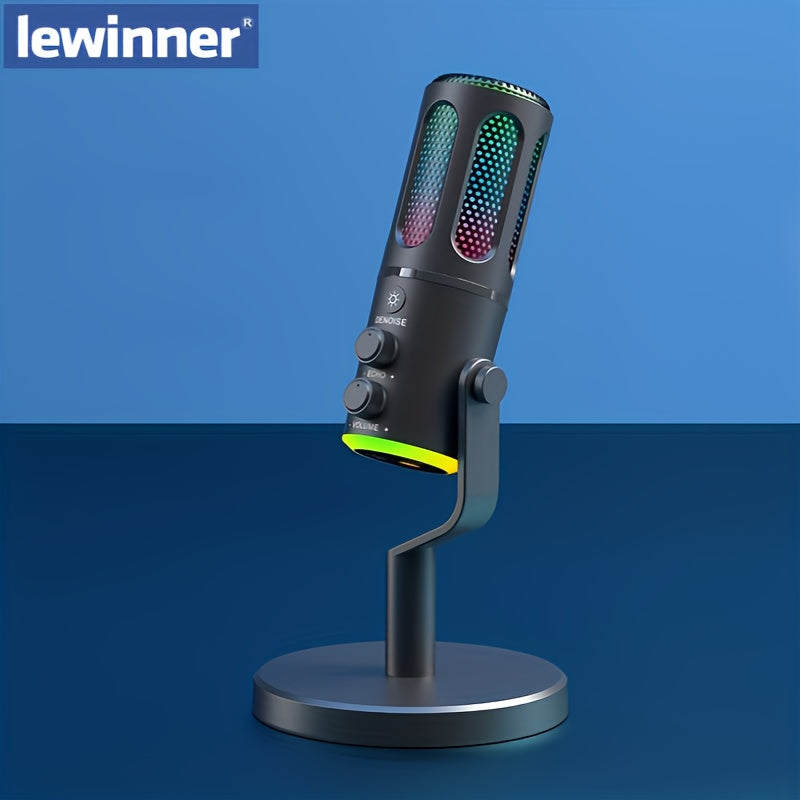 Micrófono Lewinner USB con Iluminación RGB, Cancelación de Ruido, Botón de Silencio - Ideal para Juegos, Podcasts, Twitch, PC y Smartphone - Micrófono Condensador Negro con Soporte Ajustable, LEWINNER