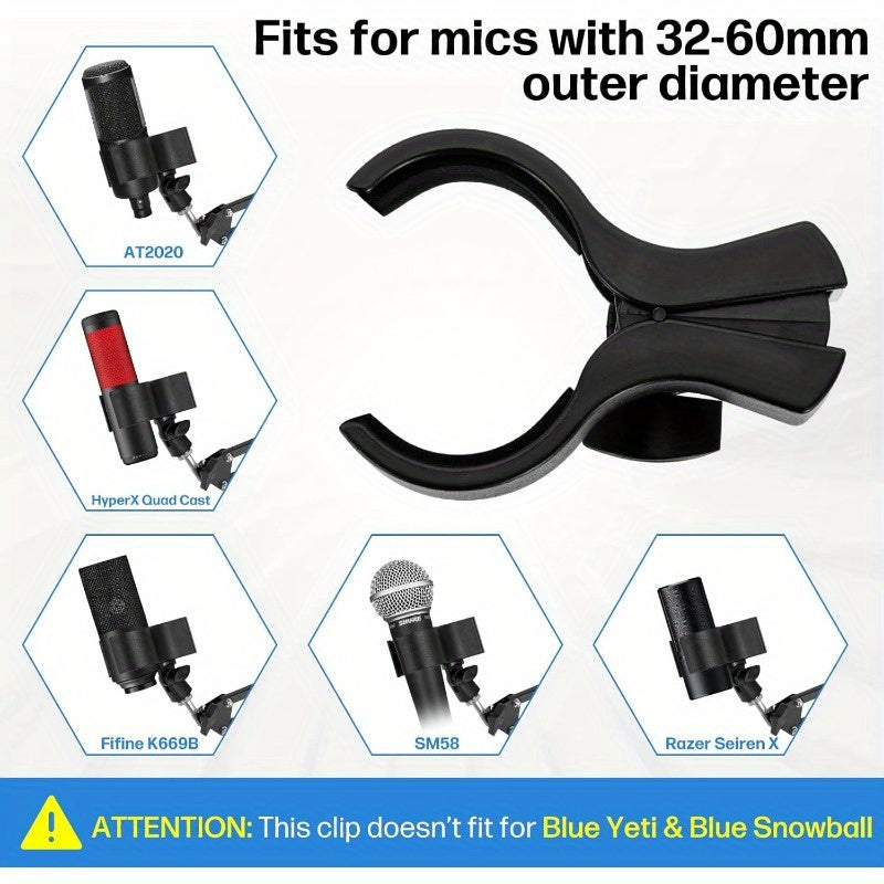 Clip de micrófono NEWKS - Soporte de micrófono ajustable y duradero de ABS para micrófonos de diámetro 32mm-60mm, con adaptador masculino de 5/8" a femenino de 3/8", ideal para grabación y transmisión, podcasting y uso profesional.