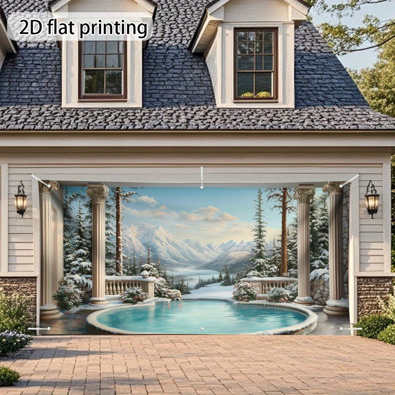 1 pieza, verano, montaña, piscina, vista, gran puerta de garaje, cubierta con impresión plana 2D, fácil de instalar, no necesita electricidad, perfecta para fiestas al aire libre, eventos temáticos y decoración de jardines, decoración de invierno, acceso