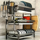 Organizador de cocina de 3 niveles en metal negro, soporte para platos, tazones y cubiertos con porta cubiertos extraíble, construcción resistente en hierro, ideal para uso en hogar y restaurante, escurridor de platos