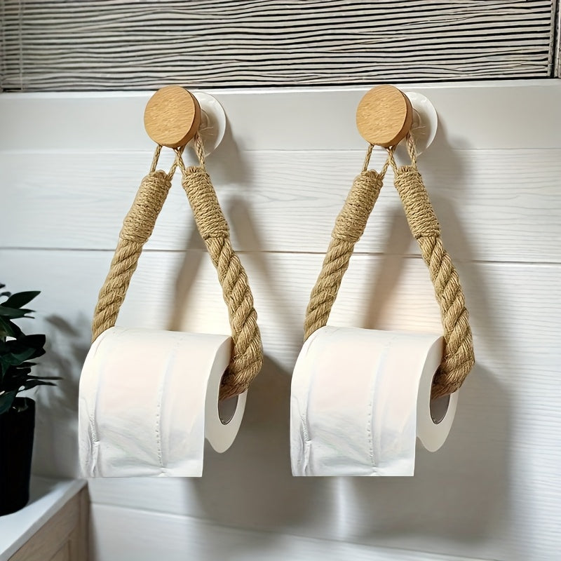 2 piezas de soporte para toallas de papel de cuerda de cáñamo, tejido en madera maciza, porta toallas sin agujeros, creativo
