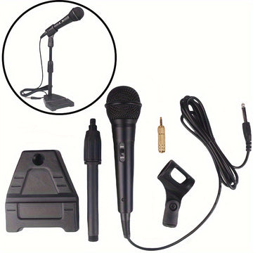 Conjunto de soporte de micrófono de bobina de movimiento con cable profesional, micrófono portátil, micrófono dinámico de mano universal con enchufe de 6,35 mm/0,25 pulgadas y adaptador de 3,5 mm/0,138 pulgadas. Adecuado para teclados electrónicos, instr
