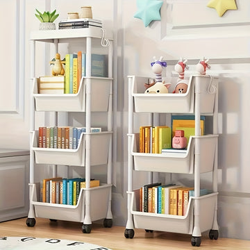 Carro de Almacenamiento Rodante Blanco de 5 Niveles con 4 Ganchos - Unidad Móvil de Estantería Plástica para Sala, Dormitorio, Oficina y Garaje, Carro Versátil de Movilidad Fácil, Colores Neutros, Ruedas Prácticas, Organizador de Estantes